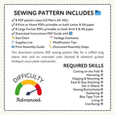 Sewing pattern information with required skills and difficulty level on a white background