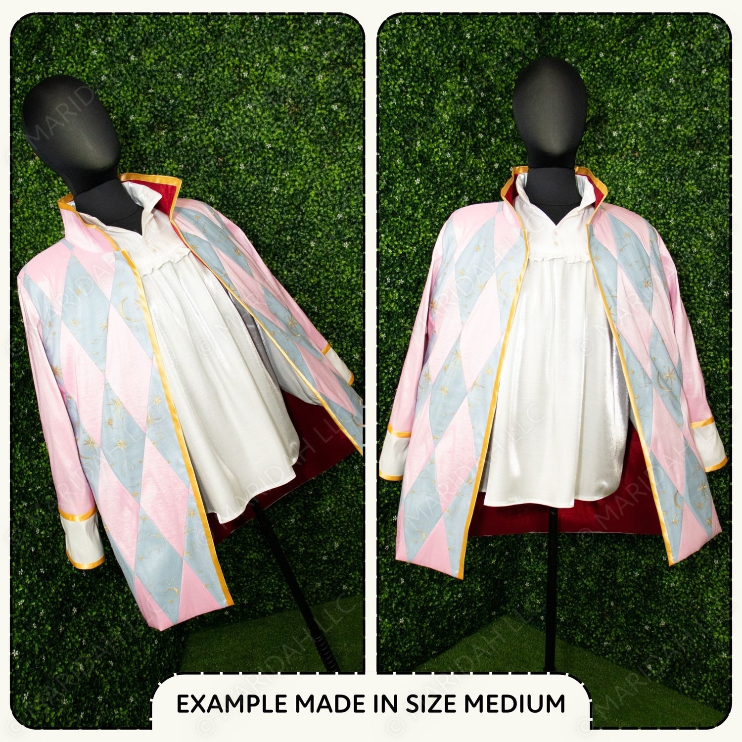 Two views of a colorful jacket on a mannequin against a grassy background.