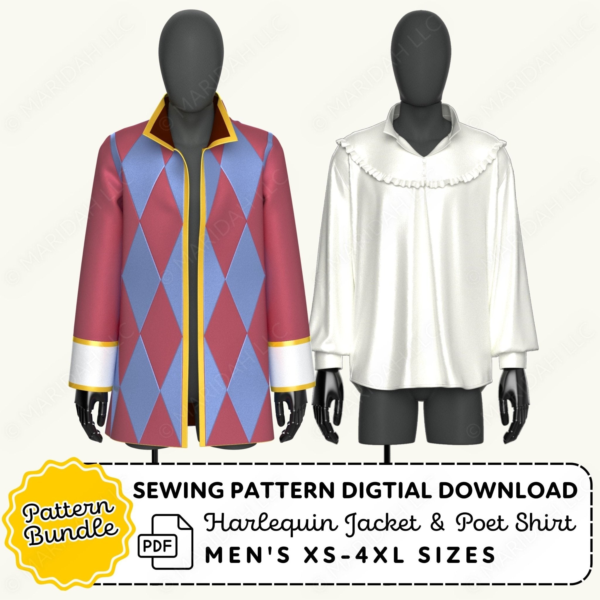 Harlequin jacket and poet shirt on mannequins with sewing pattern digital download text.