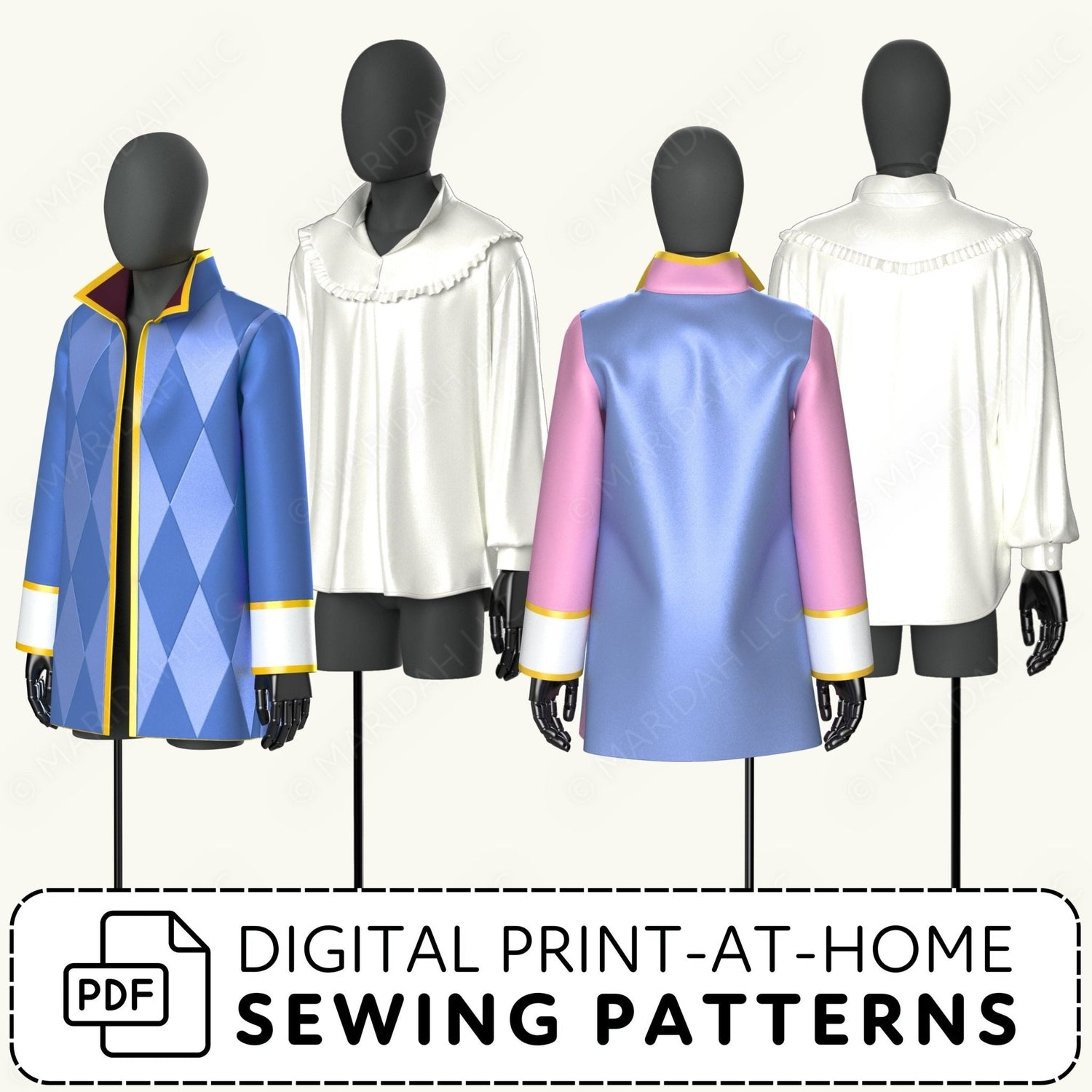 Mannequins wearing colorful jackets with digital print-at-home sewing patterns text.