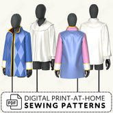 Mannequins wearing colorful jackets with digital print-at-home sewing patterns text.