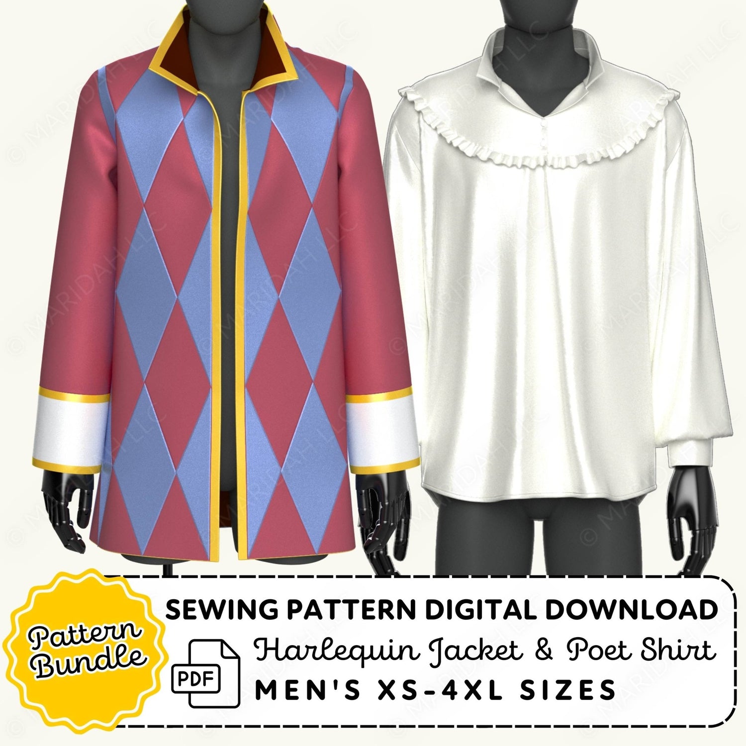 Harlequin jacket and poet shirt on mannequins with sewing pattern digital download text.