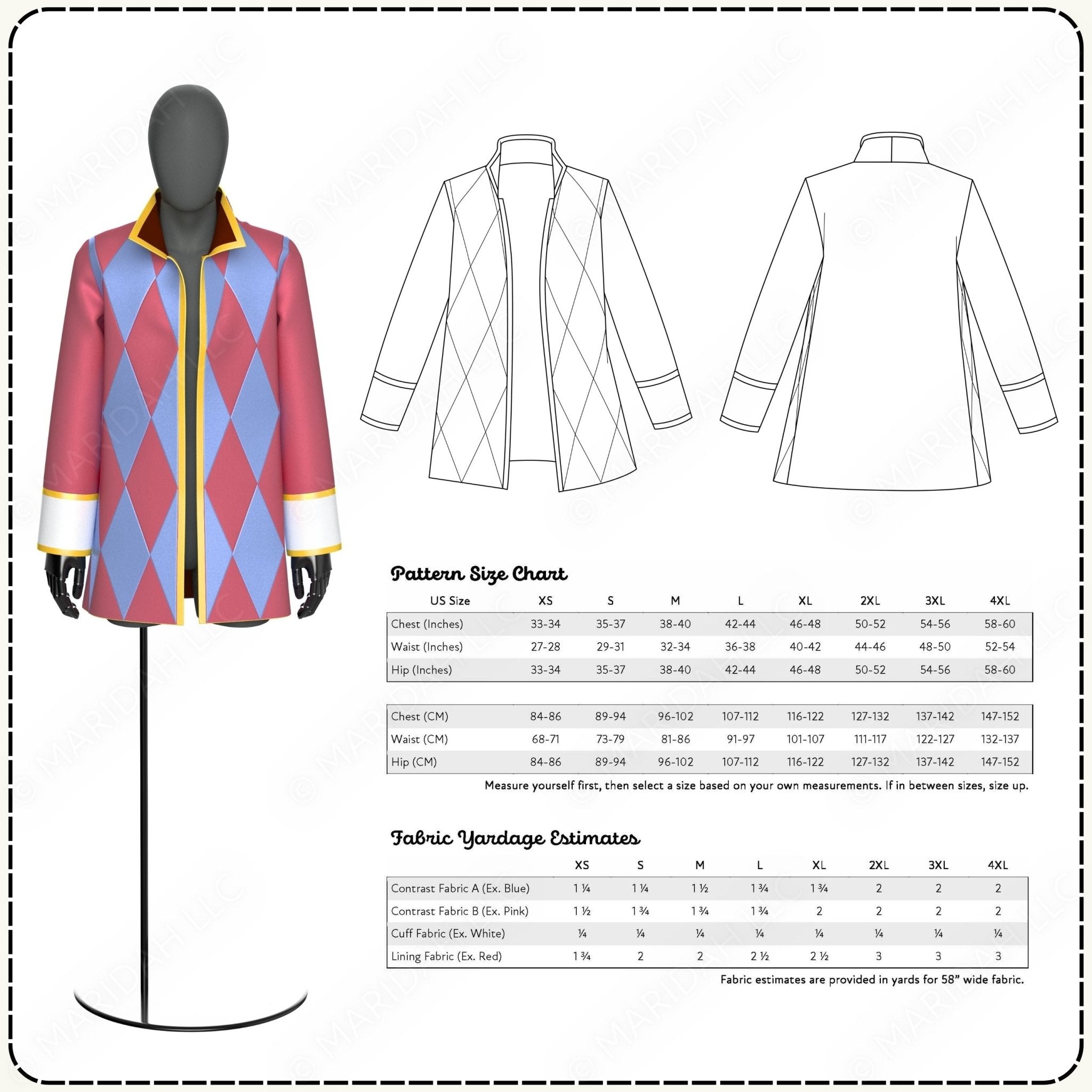 Colorful jacket on a mannequin with pattern size chart and fabric yardage estimates.