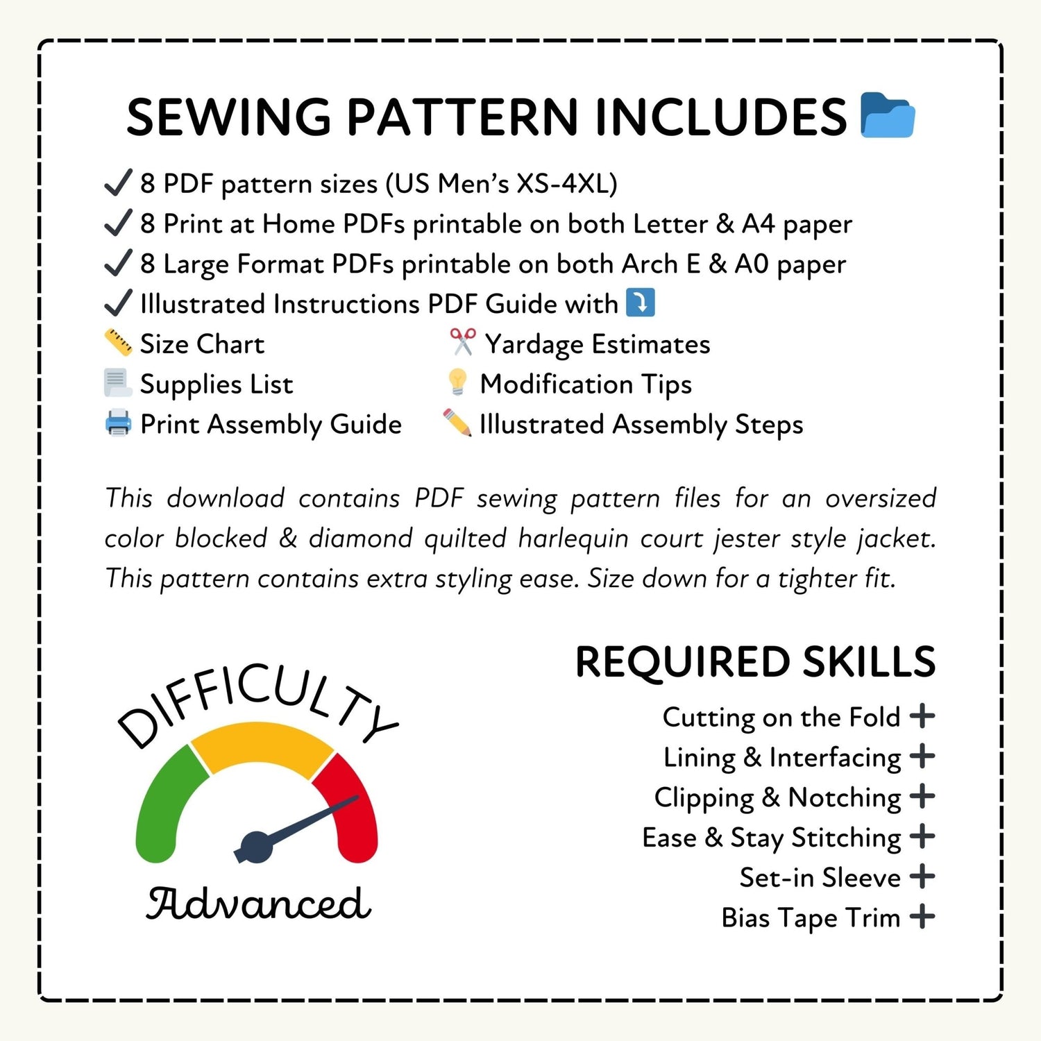 Harlequin Jacket Printable Sewing Pattern PDF Sewing Pattern File
