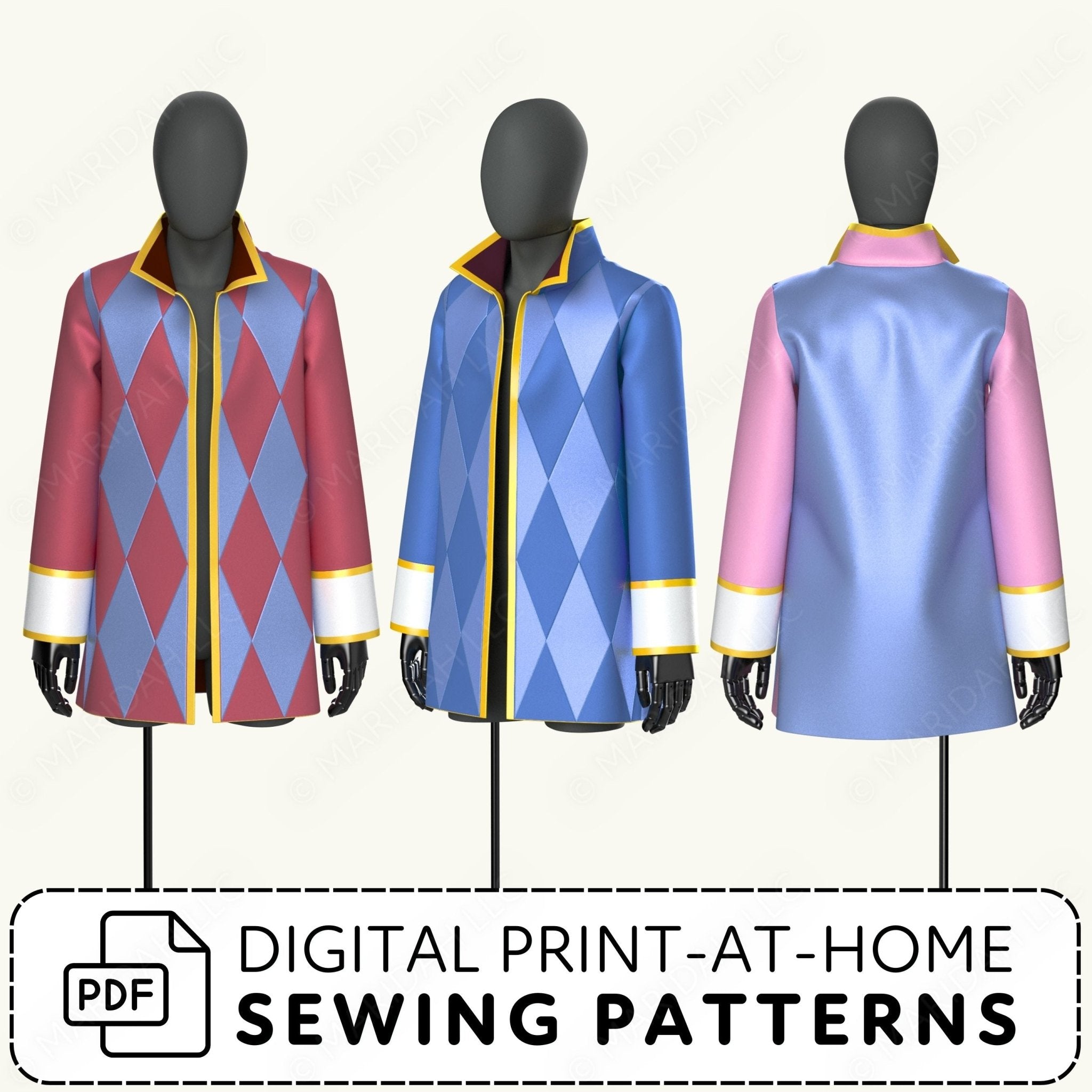 Colorful jacket design on mannequins with digital print-at-home sewing patterns text.