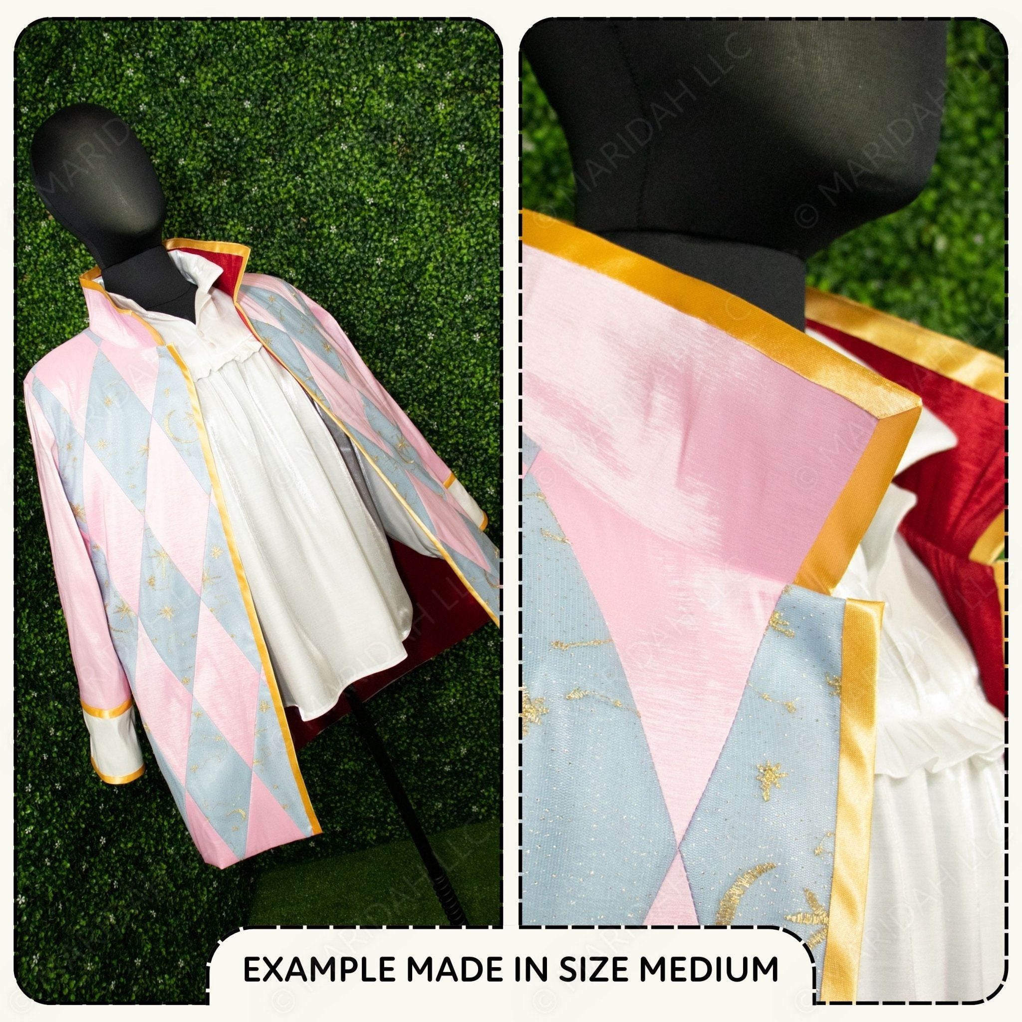 Collage of a colorful oversized jacket on a mannequin against a grassy background.