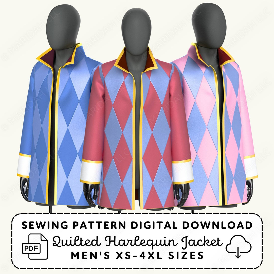 Three mannequins wearing quilted Harlequin jackets with a sewing pattern digital download label.