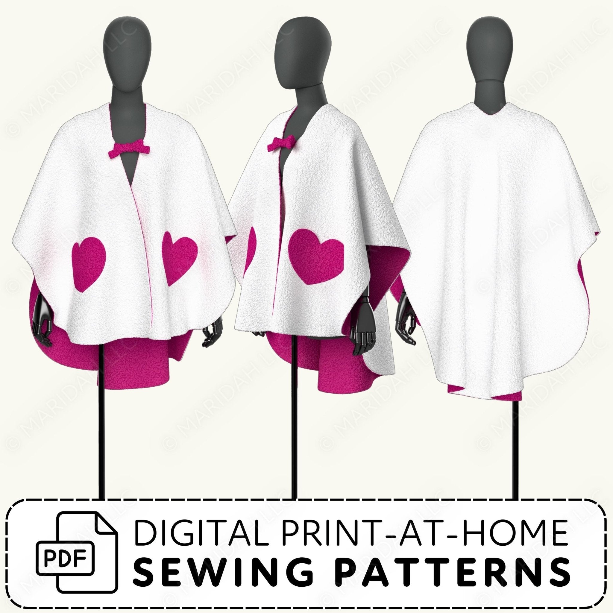 Mannequins wearing white capes with pink hearts and digital print-at-home sewing pattern text.