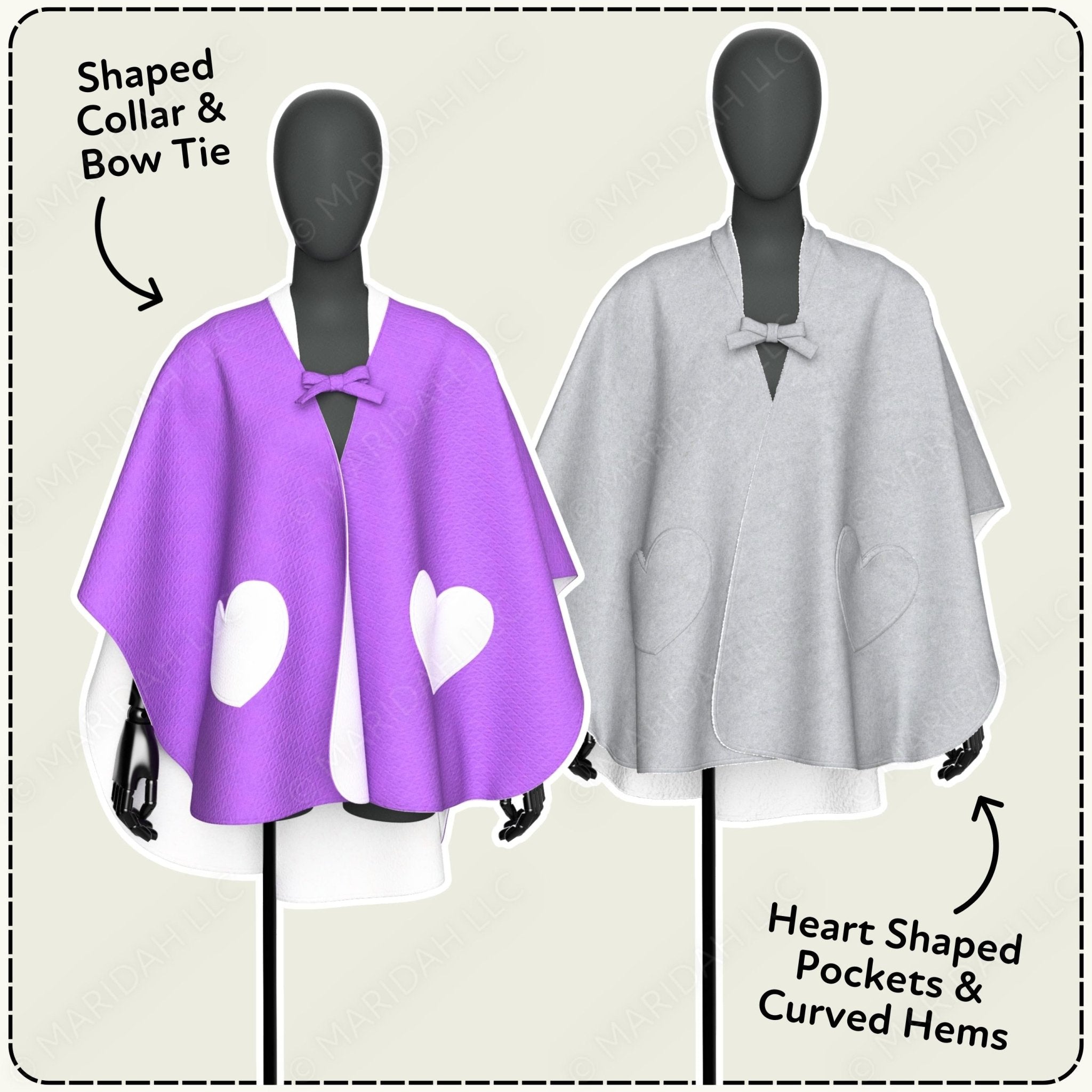 Two mannequins wearing purple and gray capes with heart-shaped pockets and curved hems.