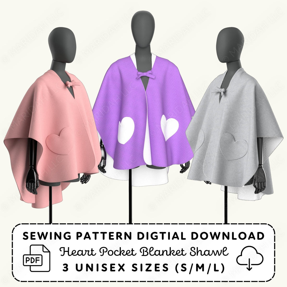 Three mannequins wearing pink, purple, and gray heart pocket blanket shawls with a sewing pattern digital download text.
