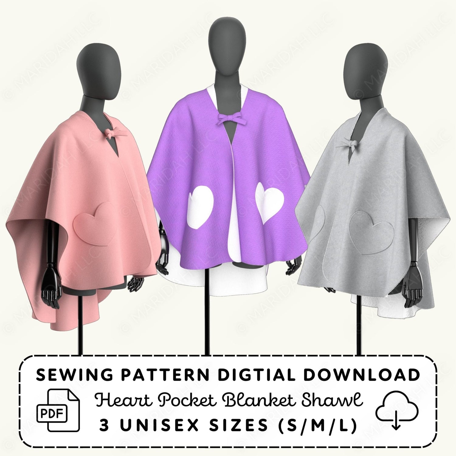 Three mannequins wearing pink, purple, and gray heart pocket blanket shawls with a sewing pattern digital download text.