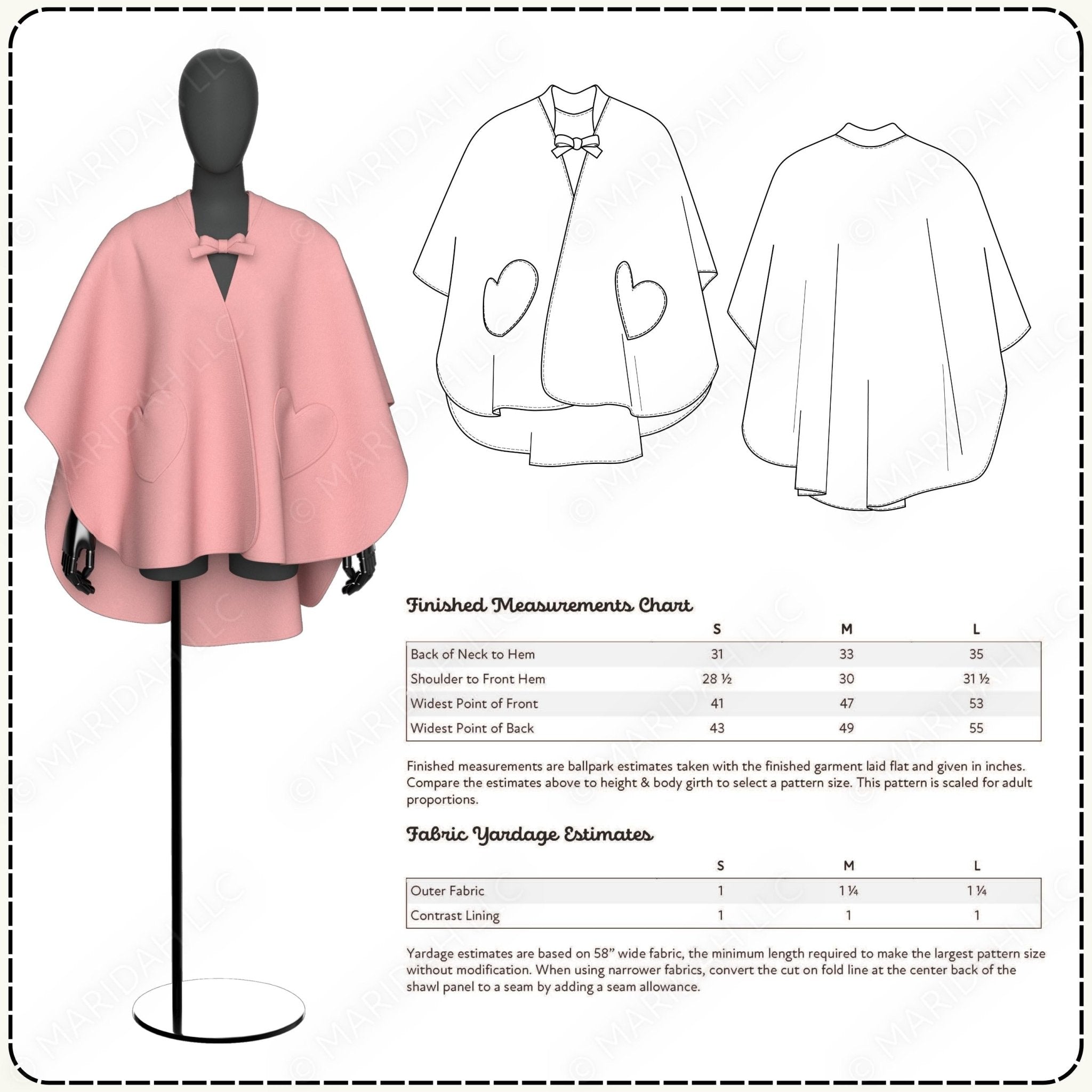Pink cape on a mannequin with patterned paper and measurements chart.