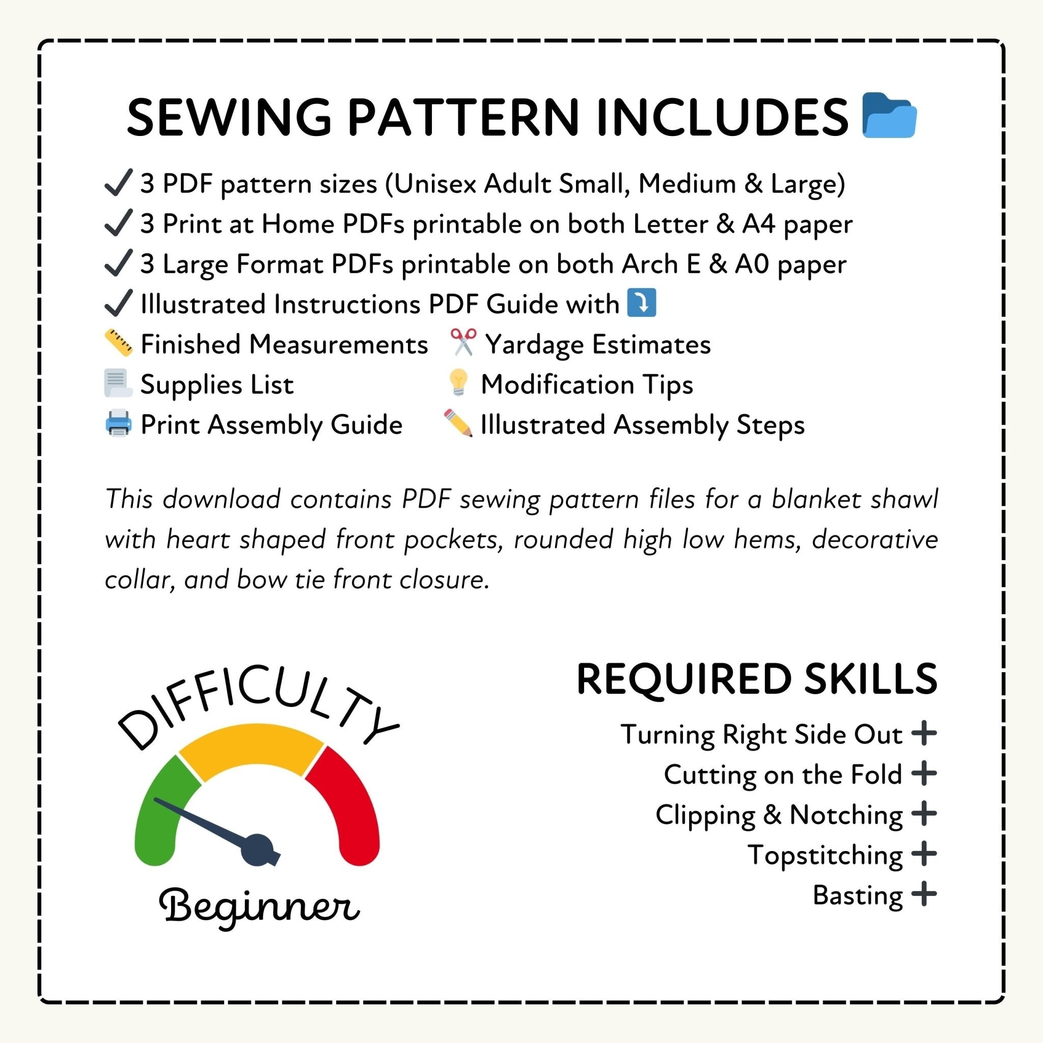 Sewing pattern information with difficulty rating and required skills listed.