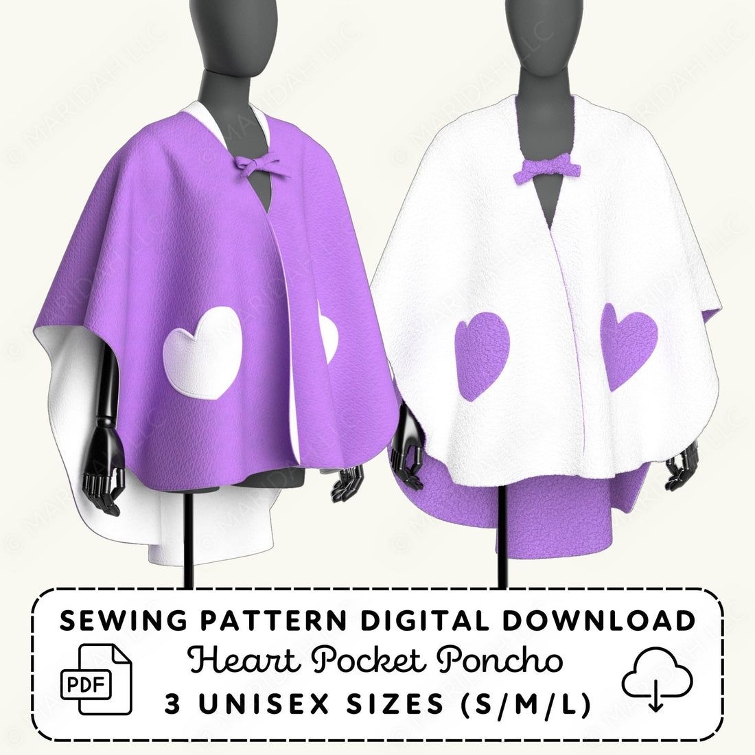 Purple and white ponchos with heart designs on mannequins, sewing pattern digital download text.
