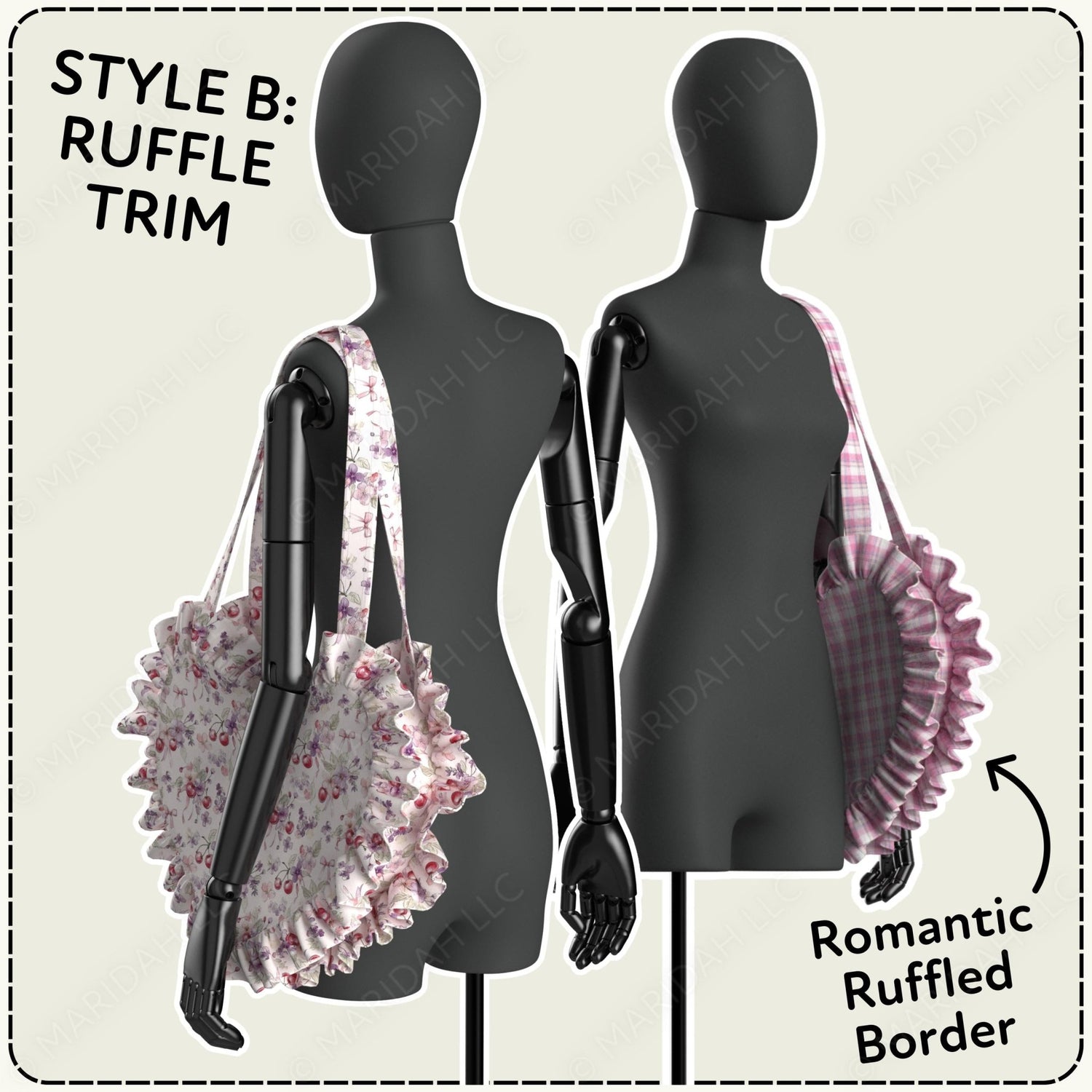 Two mannequins with bags featuring ruffle trim on a beige background.