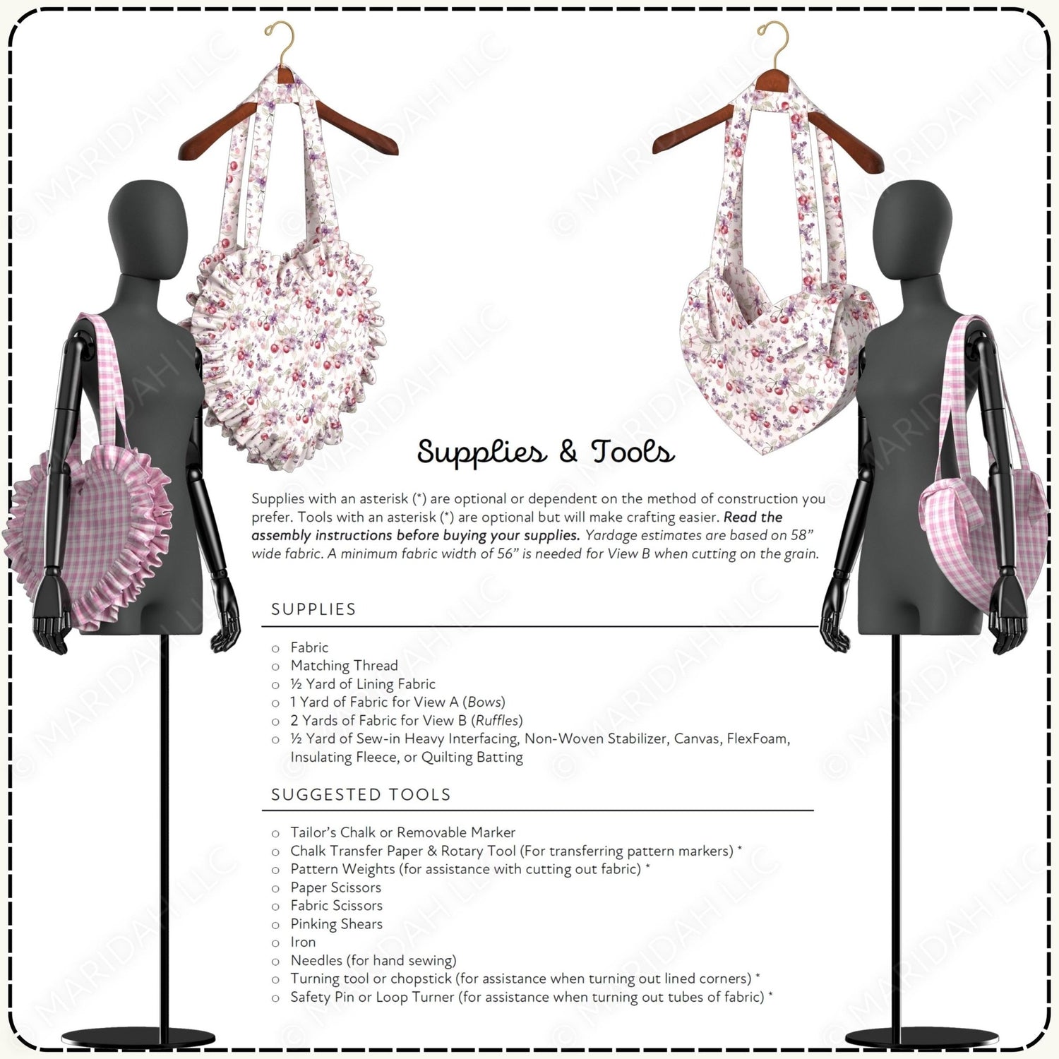 Mannequins displaying heart-shaped fabric tote bags with a list of supplies and tools on a white background.