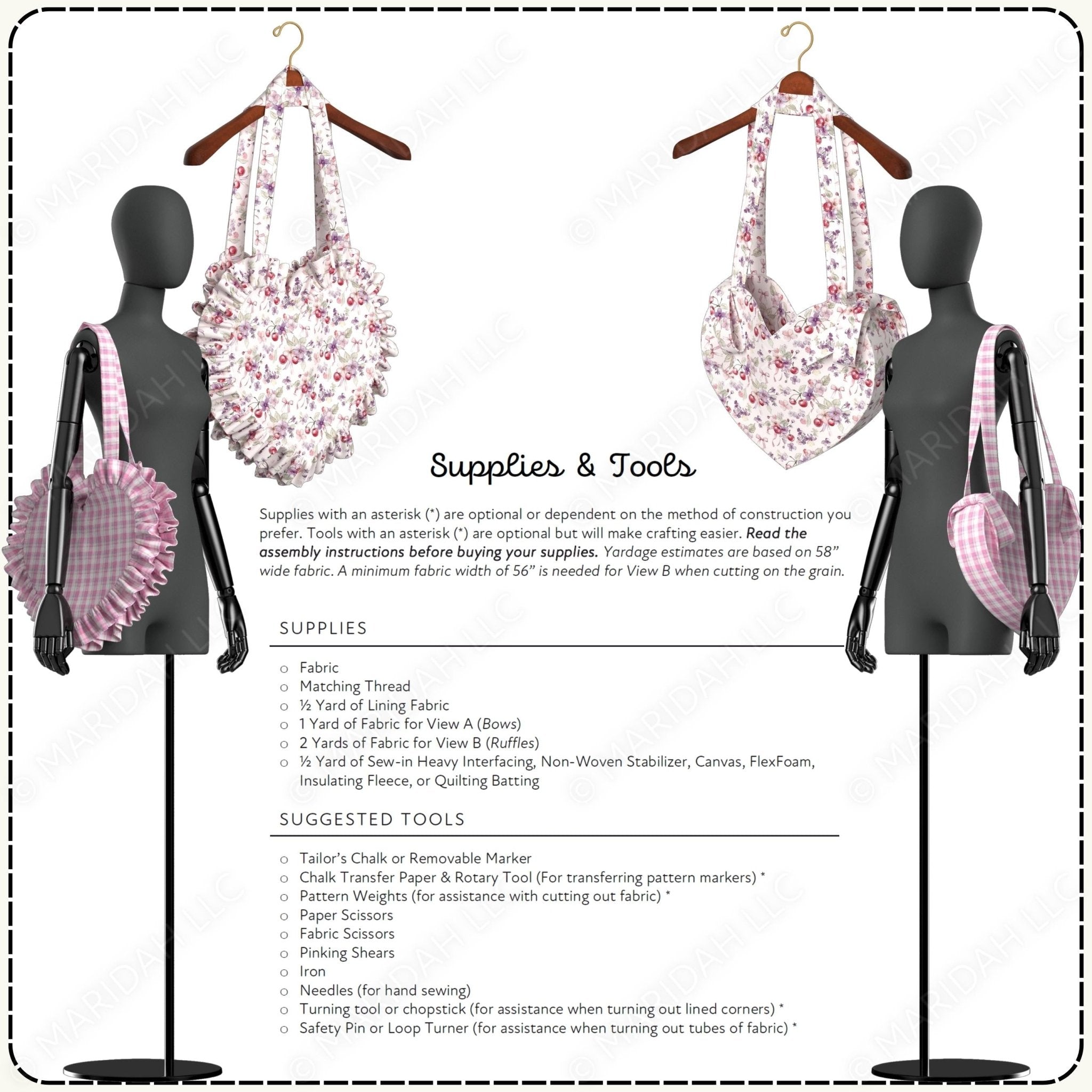Mannequins displaying heart-shaped fabric tote bags with a list of supplies and tools on a white background.