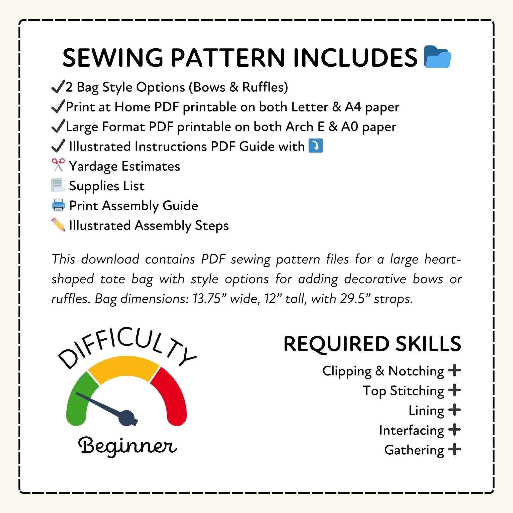 Sewing pattern information with text and graphics on a white background