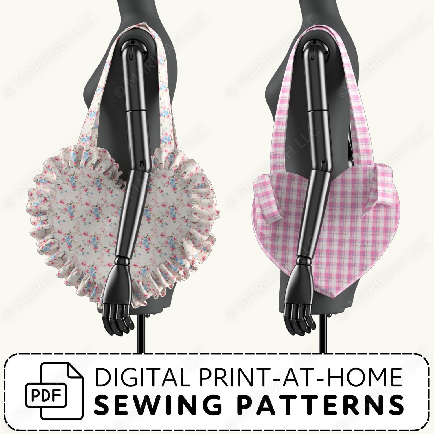 Two mannequins with heart-shaped bags on a white background, featuring digital print-at-home sewing patterns text.