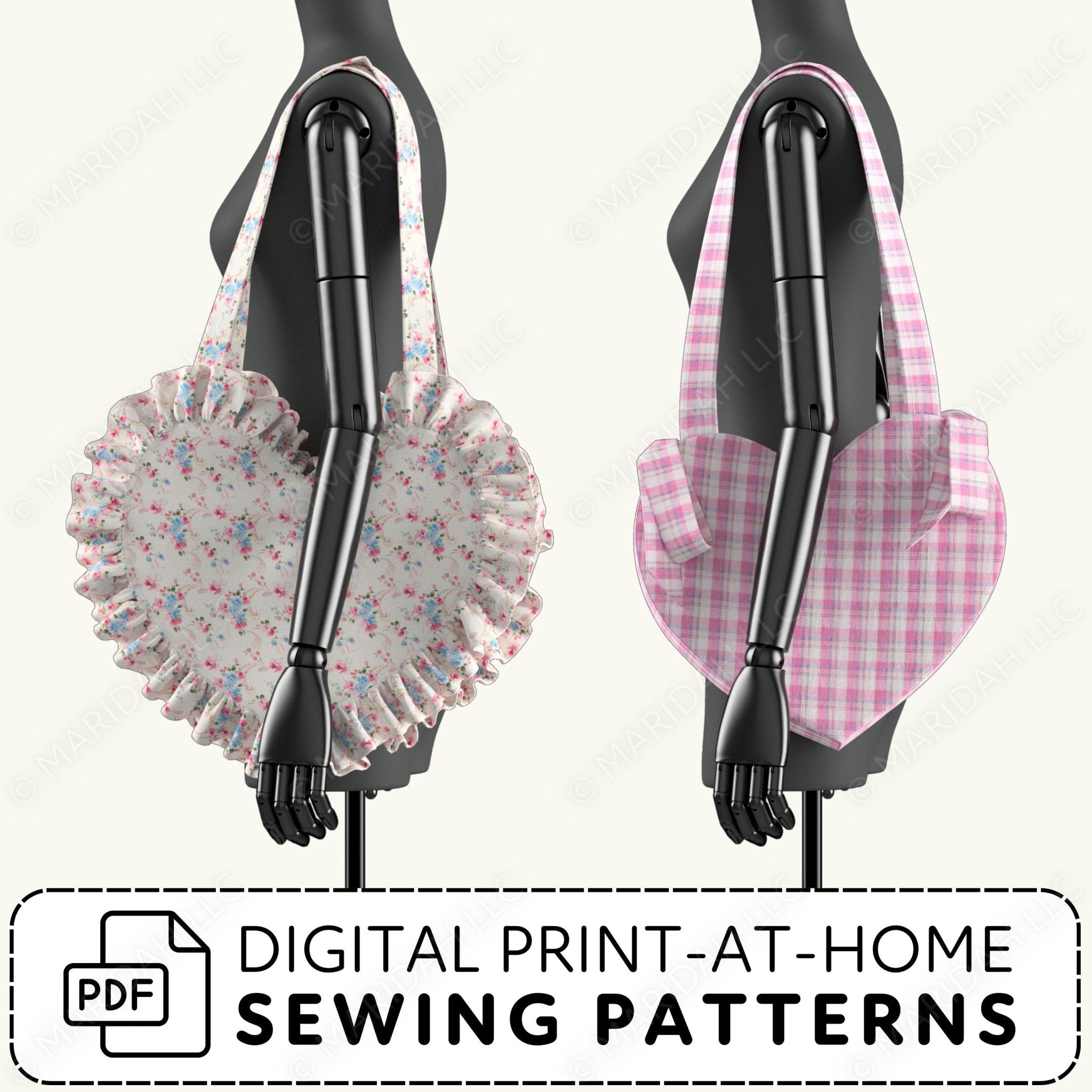 Two mannequins with heart-shaped bags on a white background, featuring digital print-at-home sewing patterns text.