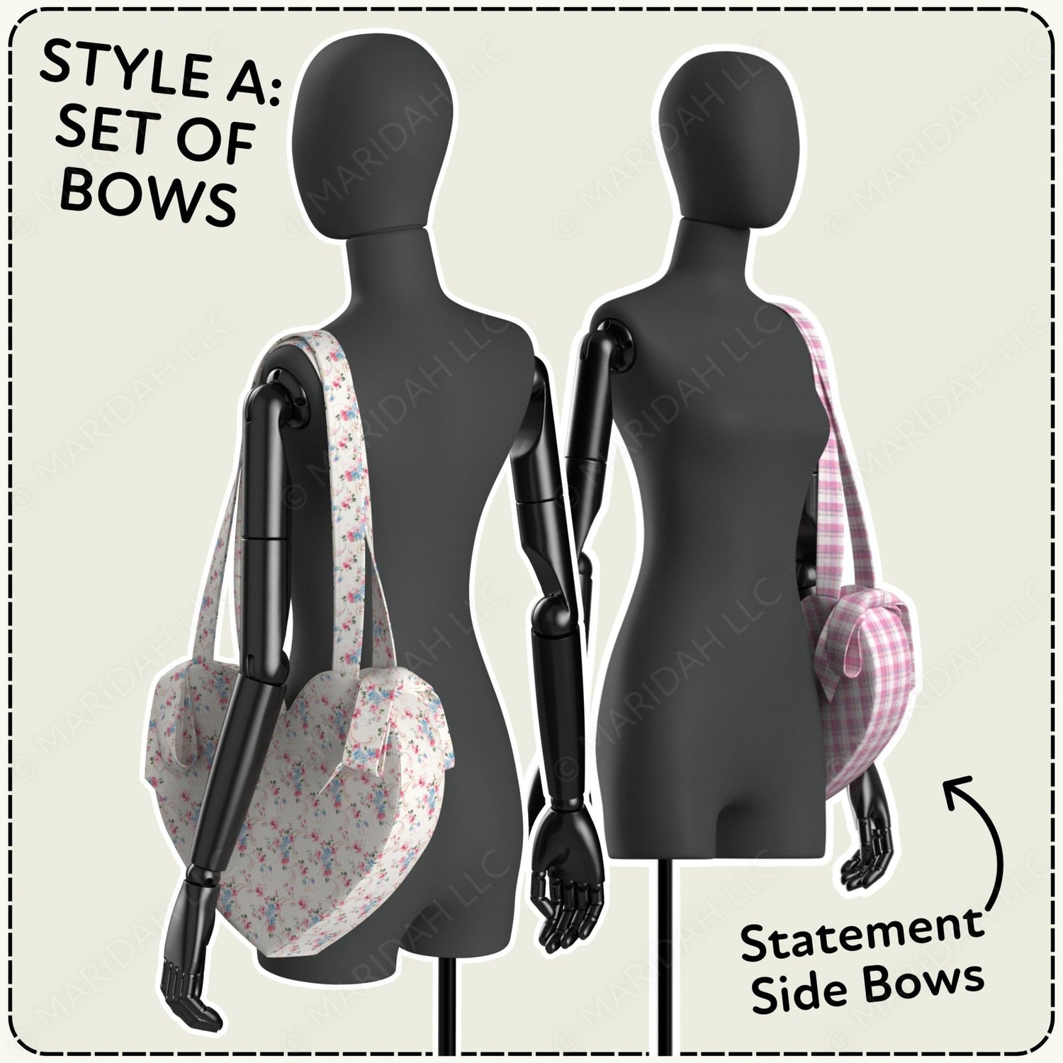 Two mannequins wearing bags with decorative side bows on a plain background.
