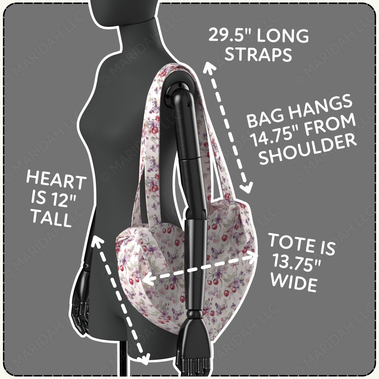 Heart-shaped tote bag on a mannequin with measurements displayed