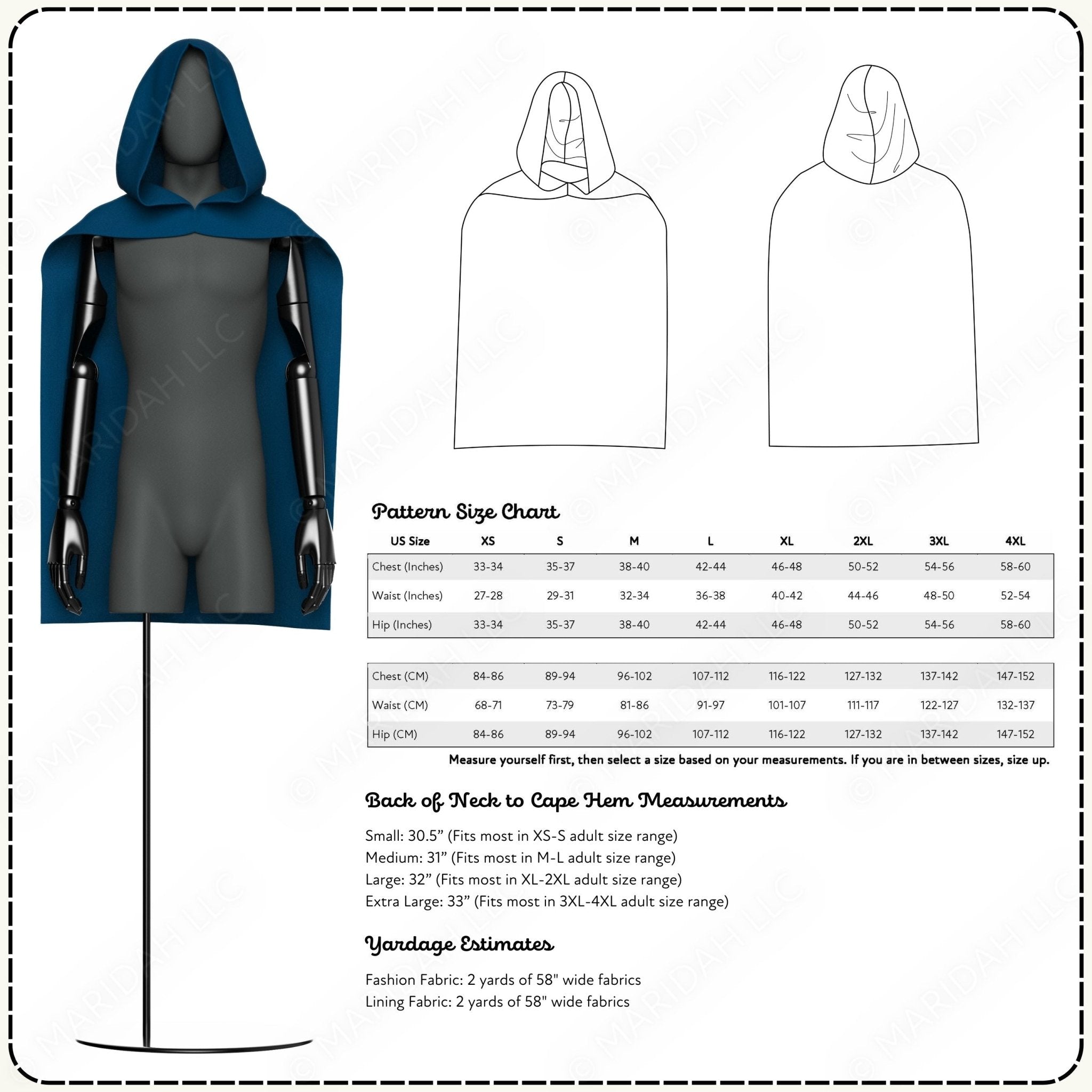 Cloak pattern with size chart and measurements on a white background