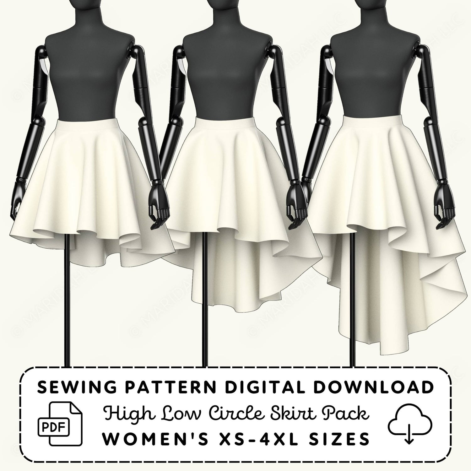 Three mannequins wearing high-low circle skirts with a sewing pattern digital download text overlay.