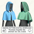 Two hooded capes in blue and green on mannequins with sewing pattern digital download text.