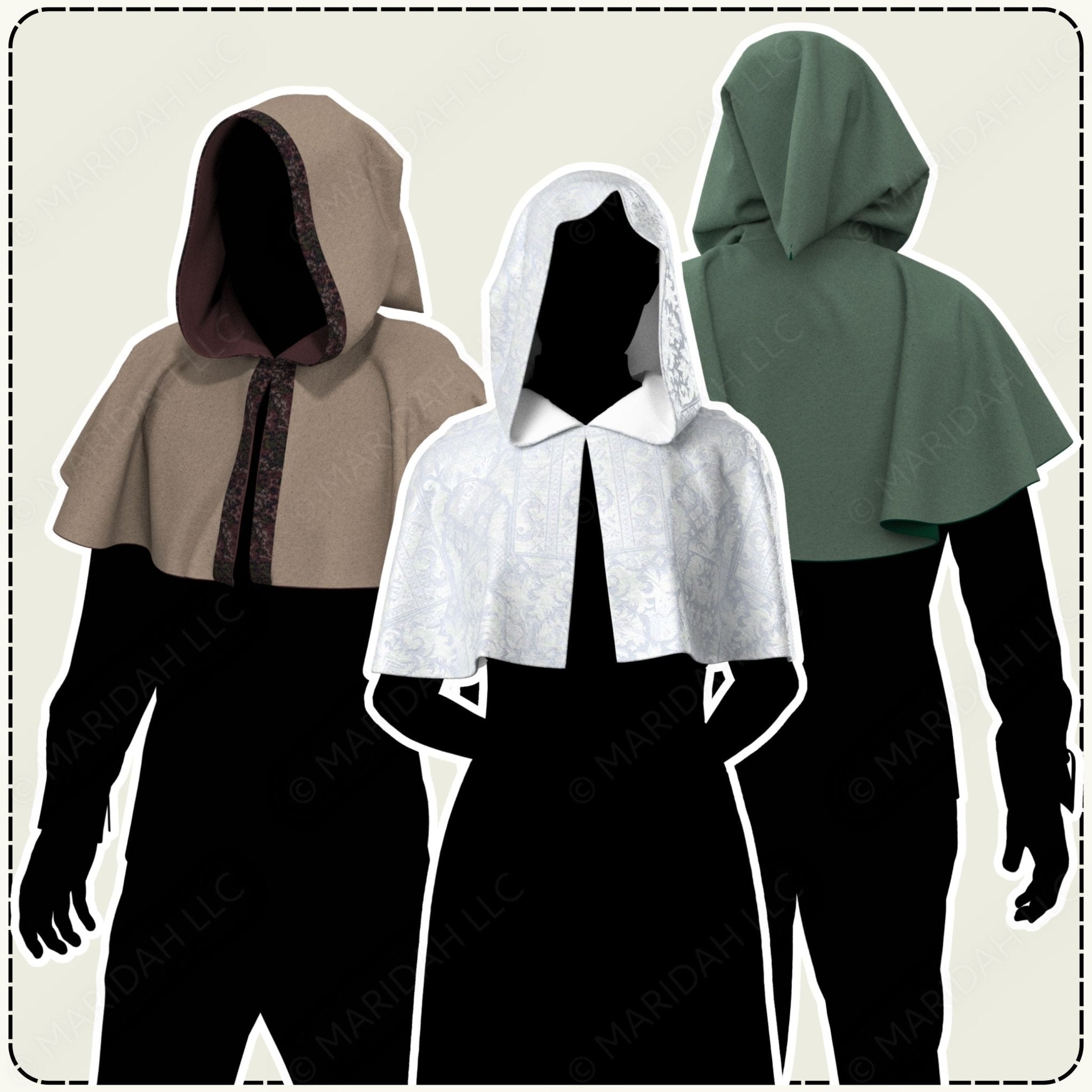 Three hooded cloaks in beige, white, and green on mannequins against a neutral background.