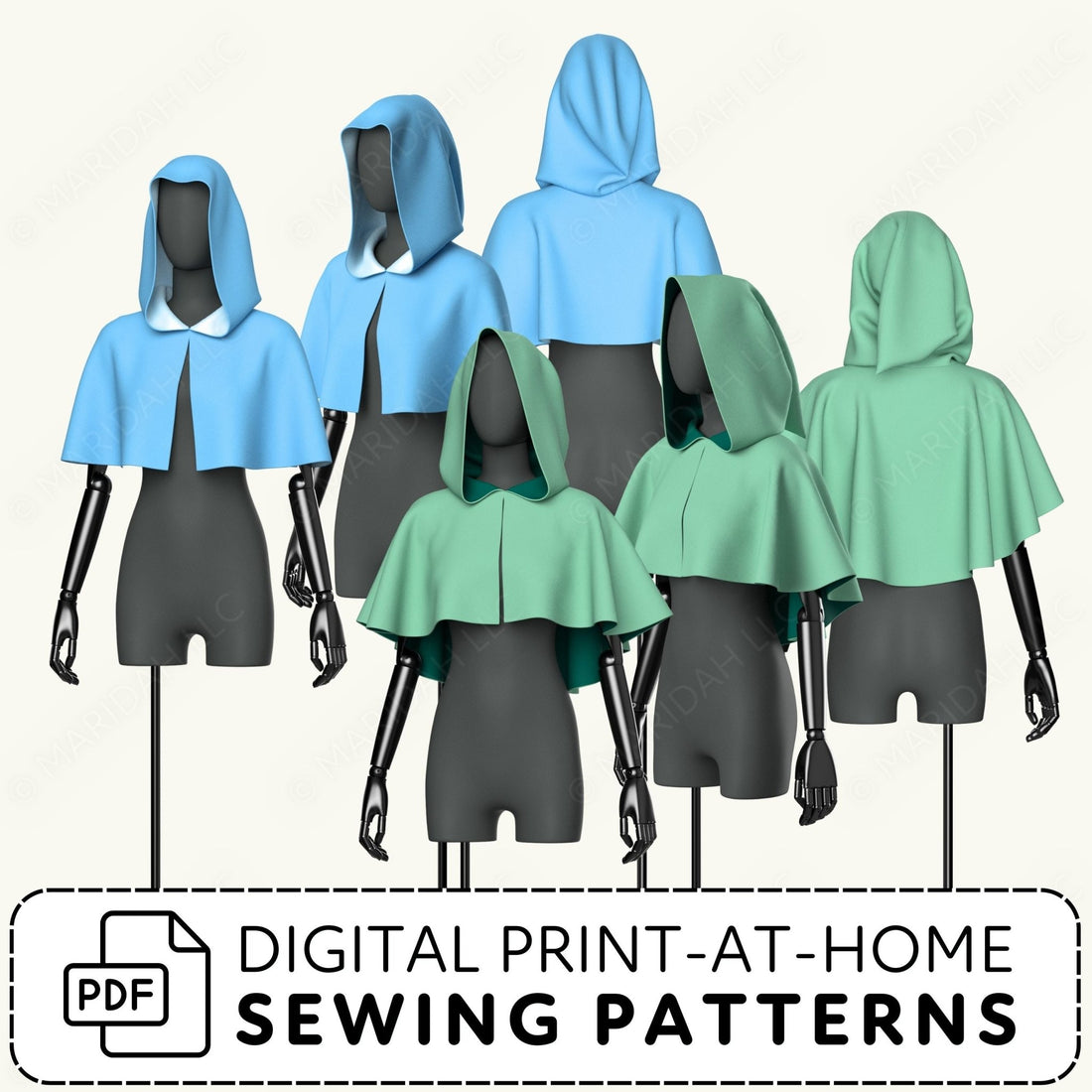 Mannequins wearing blue and green hooded cloaks with digital print-at-home sewing patterns text.