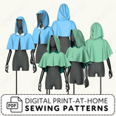 Mannequins wearing blue and green hooded cloaks with digital print-at-home sewing patterns text.