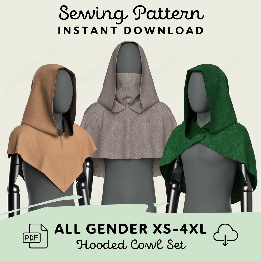 three hooded cowls in different colors - brown, gray, and green - displayed on mannequins.