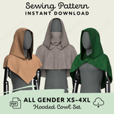 three hooded cowls in different colors - brown, gray, and green - displayed on mannequins.