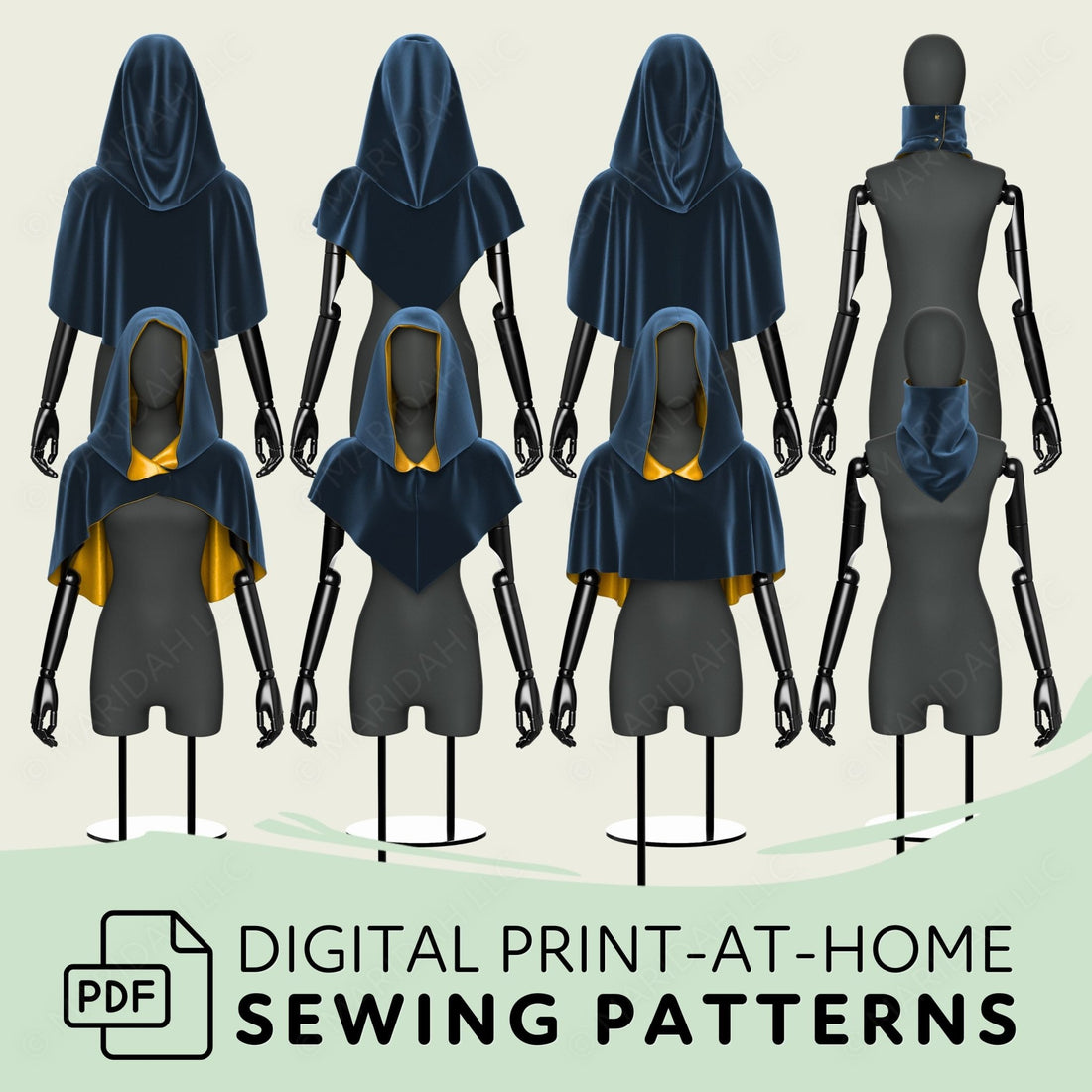 a collection of hooded garments, including tops and bottoms, arranged on mannequins. The garments are predominantly blue and yellow in color, with some featuring hoods. The image also includes text that reads &quot;Digital Print-at-Home Sewing Patterns&quot; and &quot;PDF&quot;, indicating that the image is a digital print of sewing patterns for creating hooded garments.