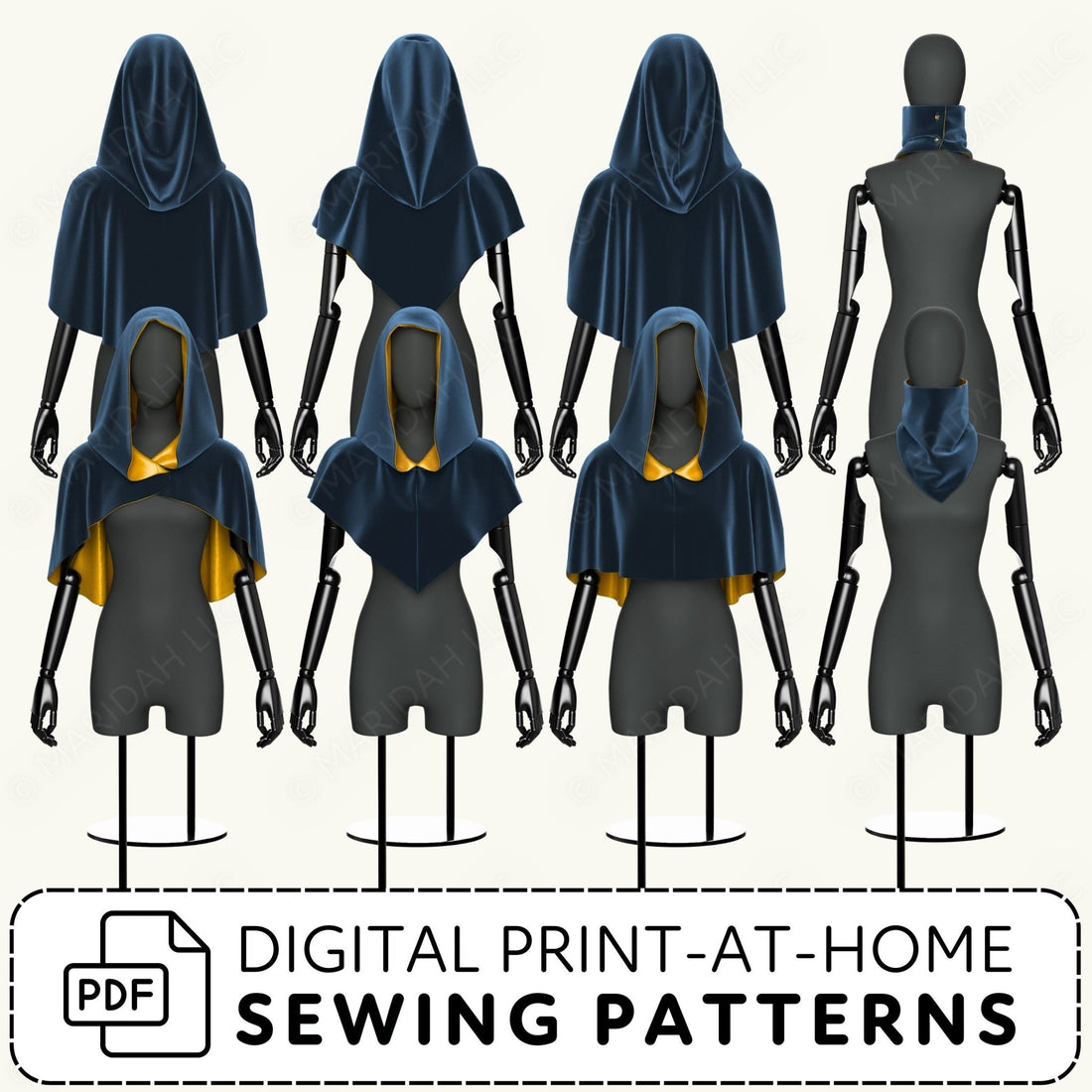 a collection of sewing patterns, including hooded tops and other garment designs, displayed on mannequins.