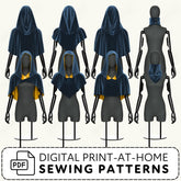 a collection of sewing patterns, including hooded tops and other garment designs, displayed on mannequins.