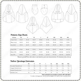 a pattern size chart and fabric yardage estimates for various clothing items, including hoods, coats, and cowls.