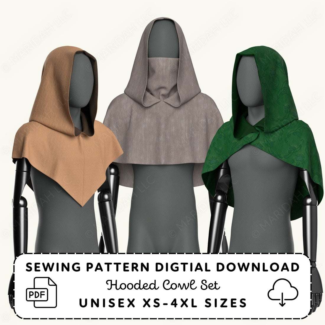 three hooded robes or hooded hoods in different colors - brown, gray, and green - displayed on mannequins.