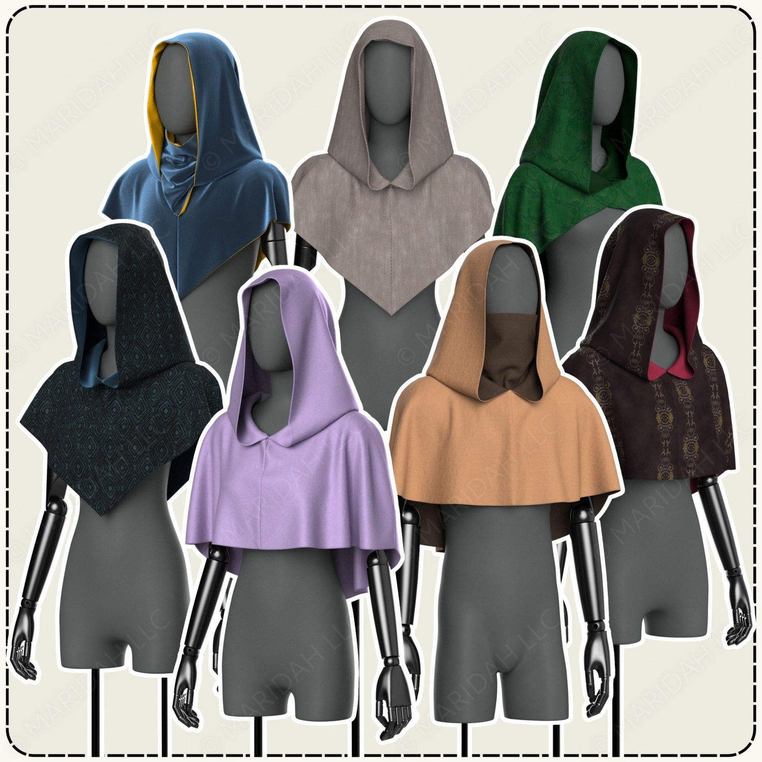 a collection of hooded garments displayed on mannequins, showcasing various colors and styles.