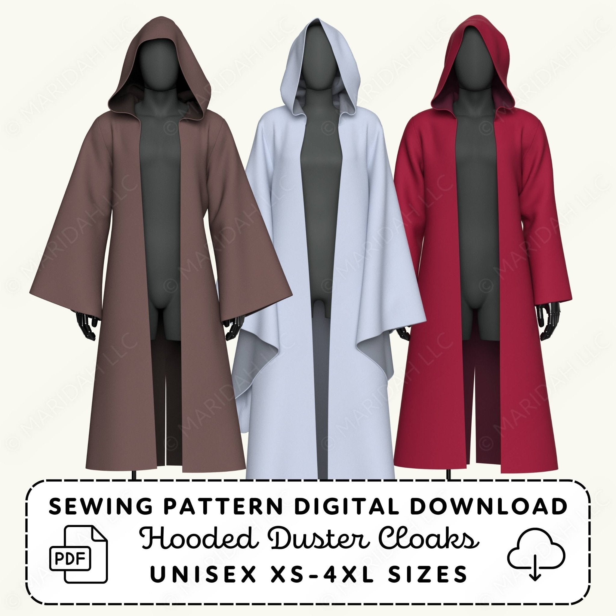 Three hooded duster cloaks in brown, white, and red on a white background with sewing pattern digital download text.