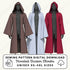 Three hooded duster cloaks in brown, white, and red on a white background with sewing pattern digital download text.