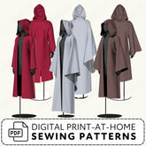 a collection of hooded robes or coats displayed on mannequins, with a focus on the hooded designs.
