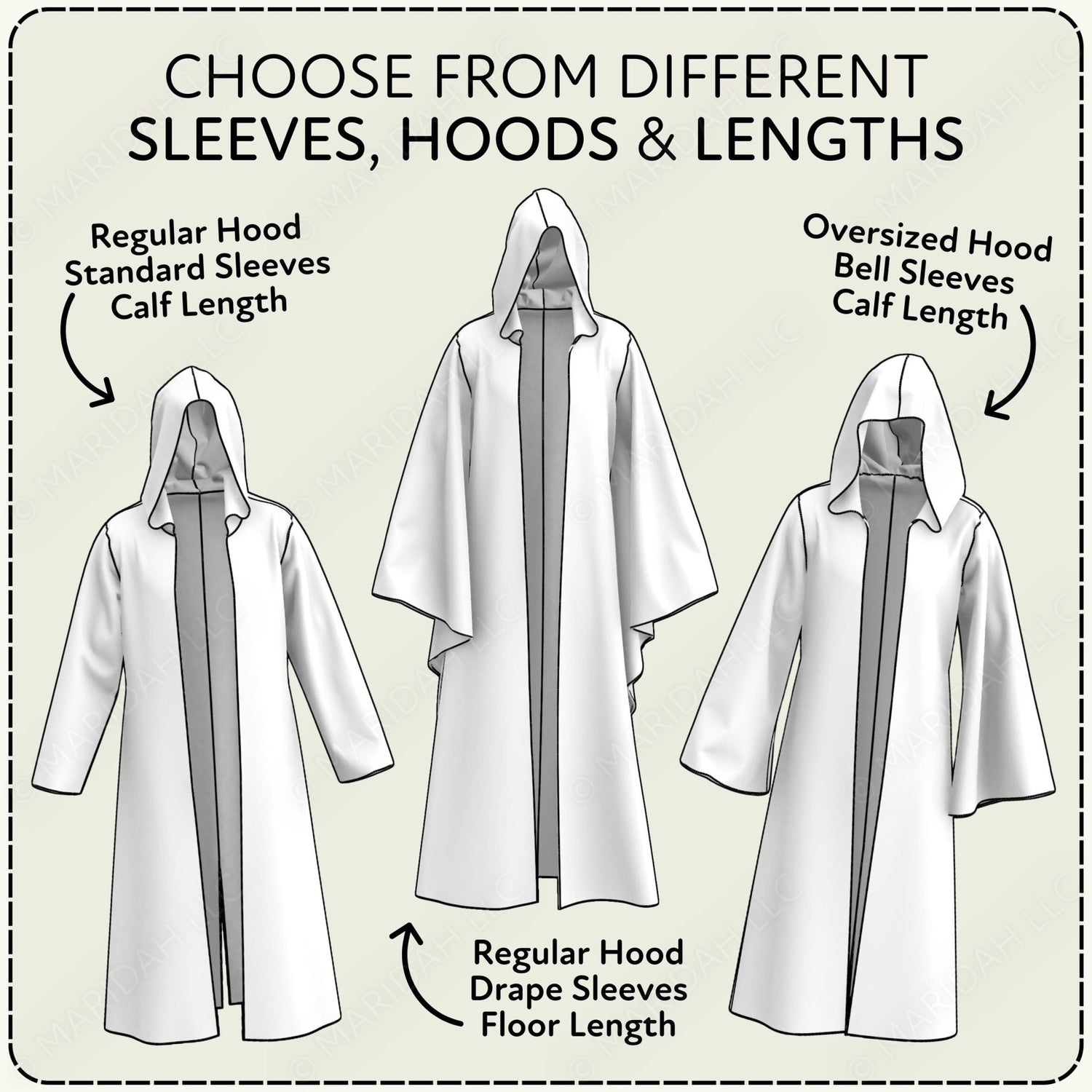 three different hooded robes with varying sleeve and leg lengths, along with arrows indicating the sleeve and leg length differences.