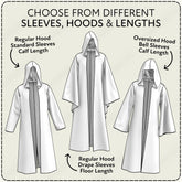 three different hooded robes with varying sleeve and leg lengths, along with arrows indicating the sleeve and leg length differences.