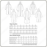 a pattern size chart and fabric yardage estimates for a robe, along with measurements for various sizes.