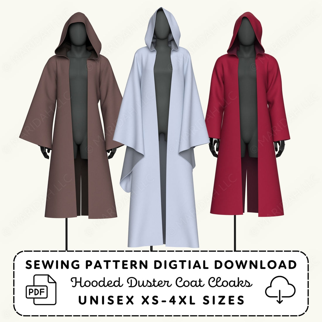 three hooded duster coat robes in different colors - brown, white, and red.