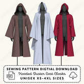 three hooded duster coat robes in different colors - brown, white, and red.