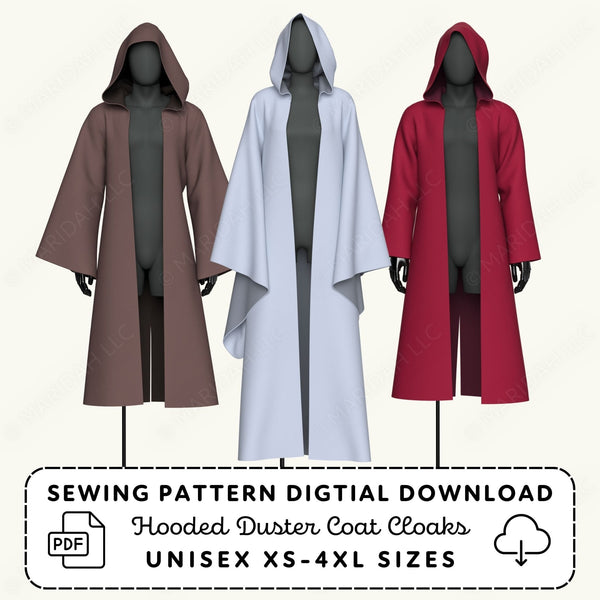 Three hooded duster coats in brown, white, and red on a white background with sewing pattern digital download text.