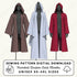 three hooded duster coat robes in different colors - brown, white, and red.
